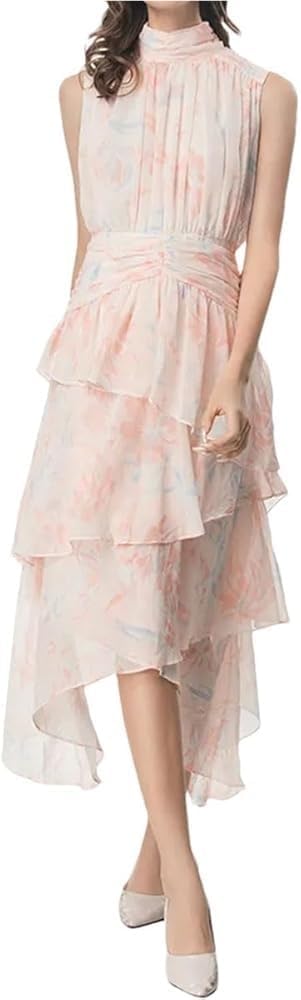 Summer Bohemian Elegant Beach Vacation Dresses Cascading Ruffle Chiffon Maxi Dress Women Casual Floral Print Flowing Long Skirt(XX-Large)