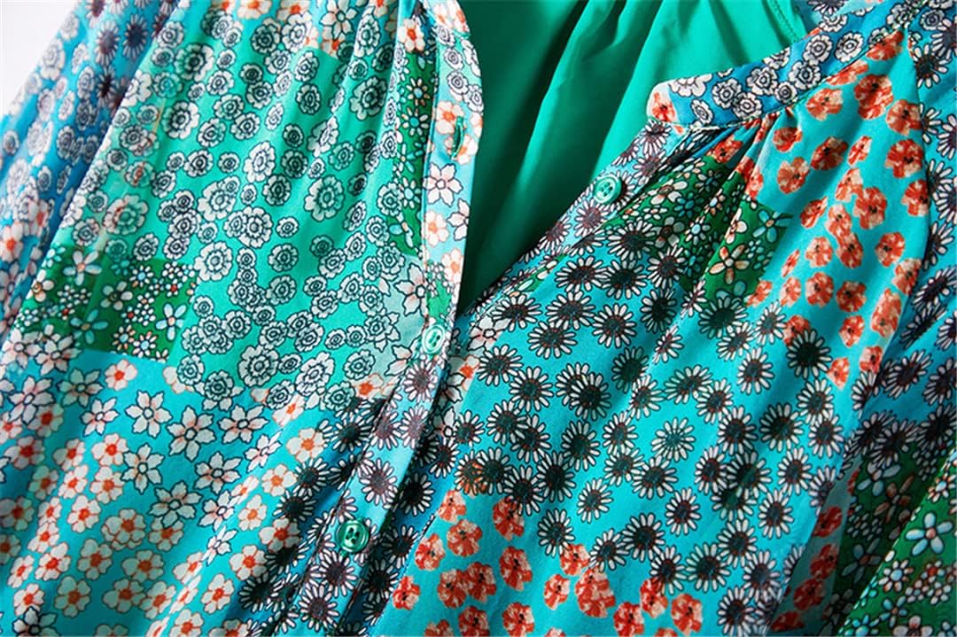 Summer Bohemian Women's Holiday V Neck Long Sleeve Printed Maxi Skirt Silk Solid Color Dress - Image 6