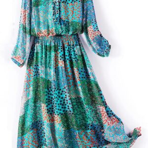 Summer Bohemian Women's Holiday V Neck Long Sleeve Printed Maxi Skirt Silk Solid Color Dress