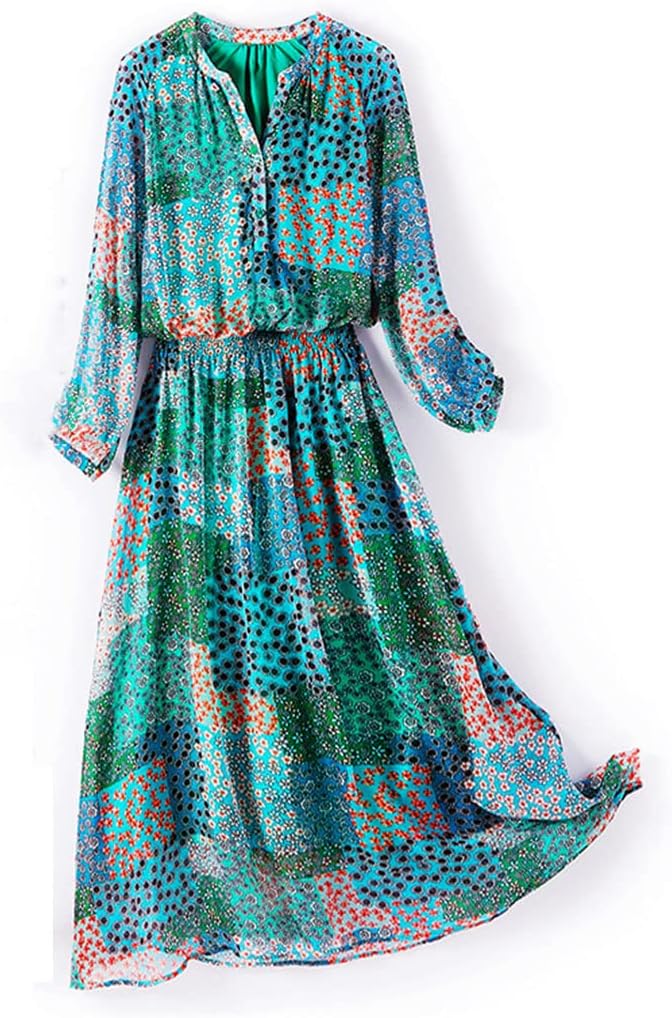 Summer Bohemian Women's Holiday V Neck Long Sleeve Printed Maxi Skirt Silk Solid Color Dress