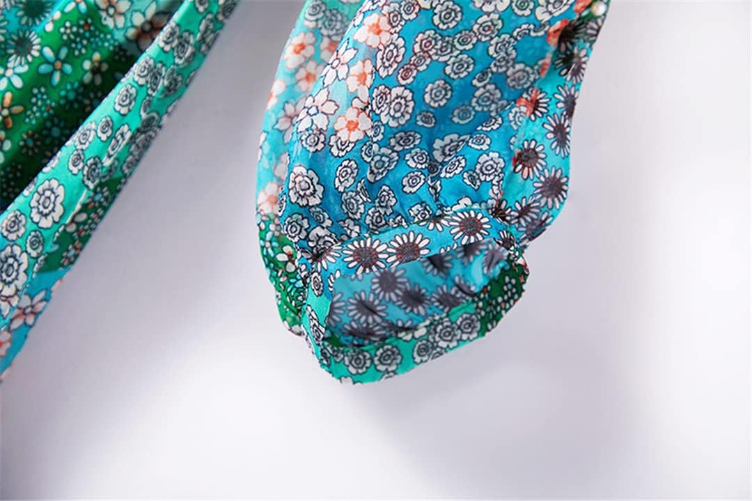 Summer Bohemian Women's Holiday V Neck Long Sleeve Printed Maxi Skirt Silk Solid Color Dress - Image 2