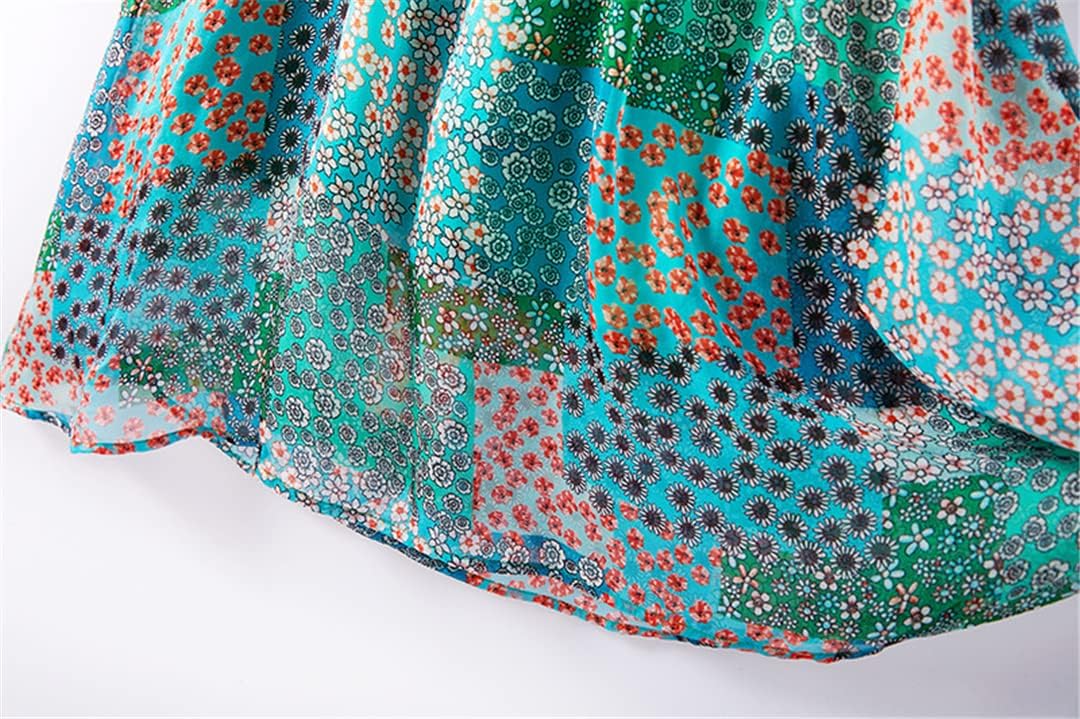 Summer Bohemian Women's Holiday V Neck Long Sleeve Printed Maxi Skirt Silk Solid Color Dress - Image 7