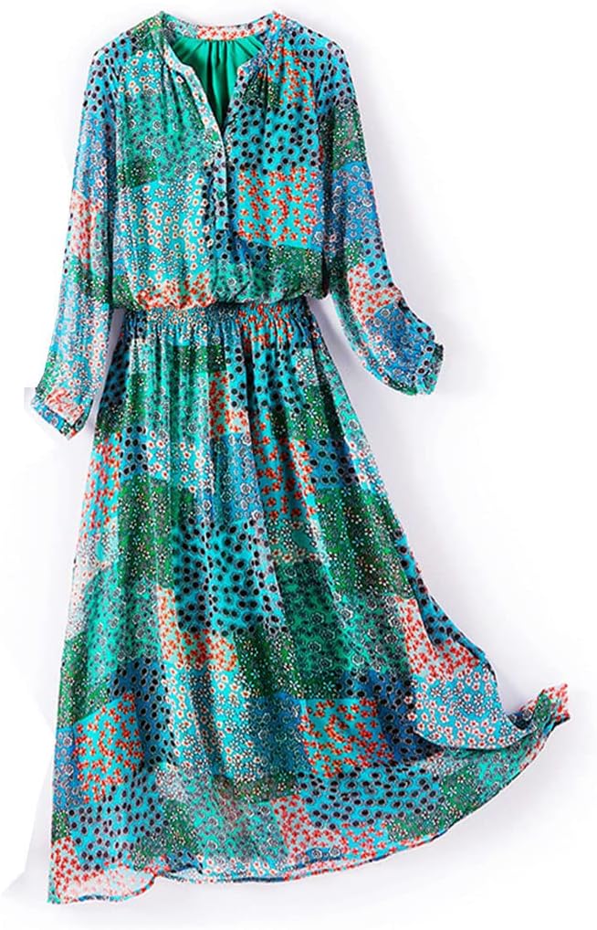 Summer Bohemian Women's Holiday V Neck Long Sleeve Printed Maxi Skirt Silk Solid Color Dress - Image 5