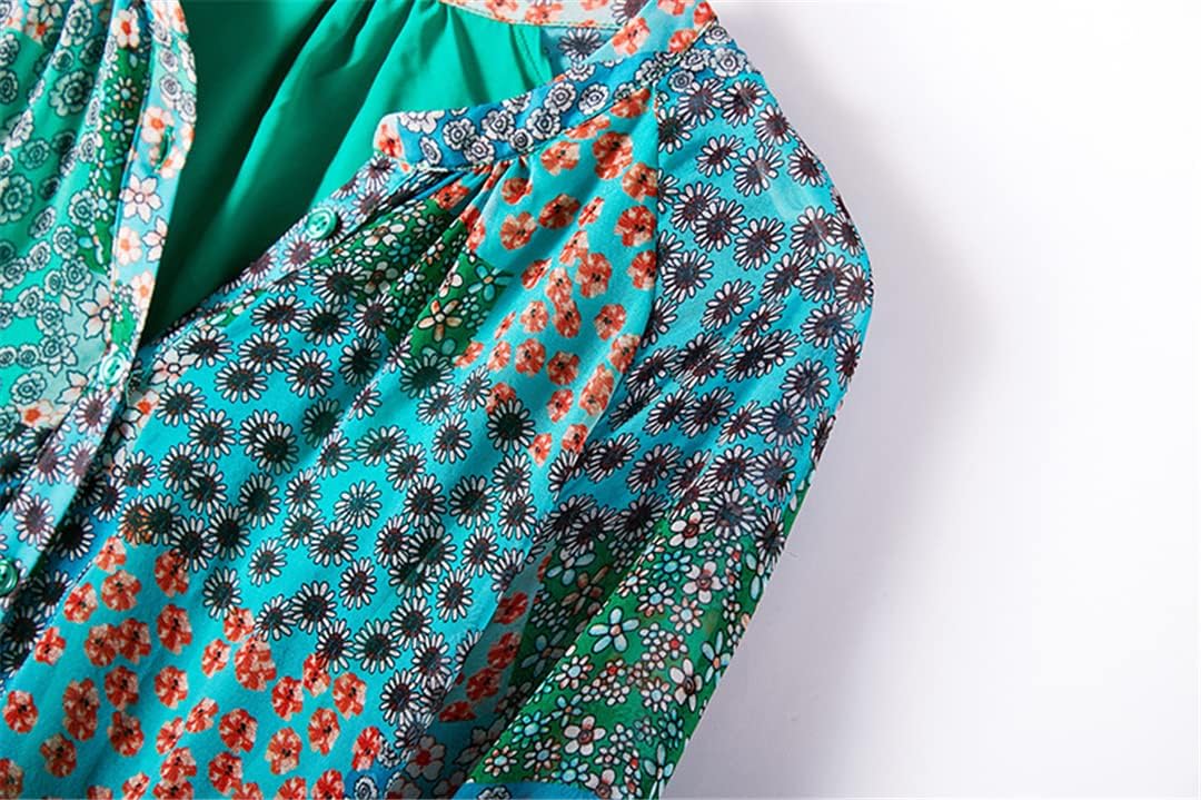 Summer Bohemian Women's Holiday V Neck Long Sleeve Printed Maxi Skirt Silk Solid Color Dress - Image 3