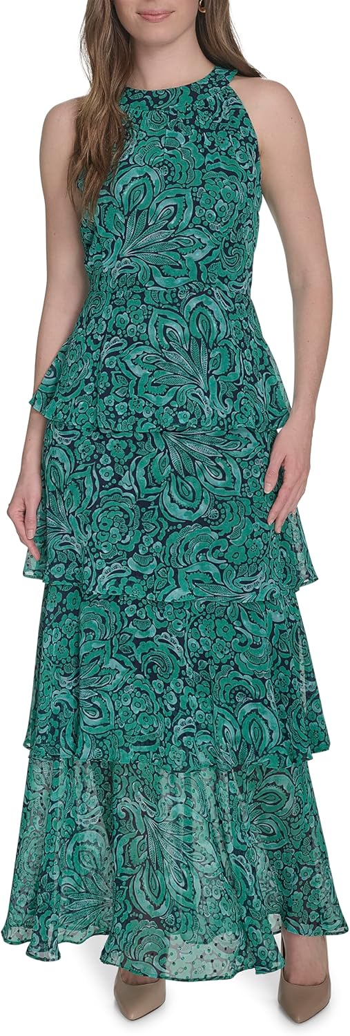 Tommy Hilfiger Women's Sleeveless Halter Neck Tiered Maxi Dress