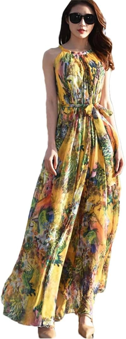 Women Boho Floral Print Cold The Shoulder Maxi Long Dress Loose Chiffon Longa Boho Robes - Image 19