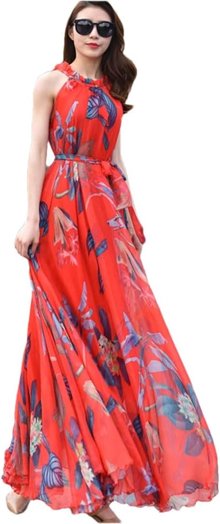 Women Boho Floral Print Cold The Shoulder Maxi Long Dress Loose Chiffon Longa Boho Robes - Image 16