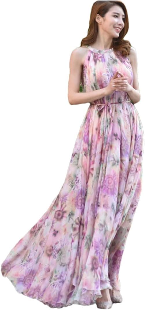 Women Boho Floral Print Cold The Shoulder Maxi Long Dress Loose Chiffon Longa Boho Robes - Image 21