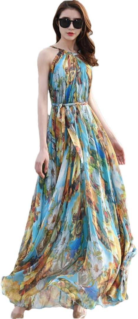 Women Boho Floral Print Cold The Shoulder Maxi Long Dress Loose Chiffon Longa Boho Robes - Image 13