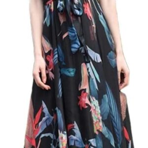 Women Boho Floral Print Cold The Shoulder Maxi Long Dress Loose Chiffon Longa Boho Robes