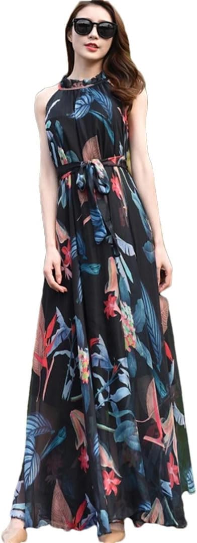 Women Boho Floral Print Cold The Shoulder Maxi Long Dress Loose Chiffon Longa Boho Robes