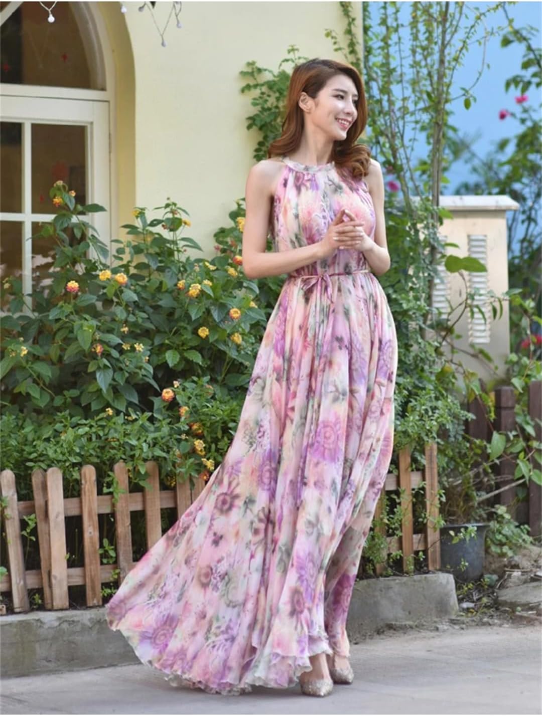 Women Boho Floral Print Cold The Shoulder Maxi Long Dress Loose Chiffon Longa Boho Robes - Image 6