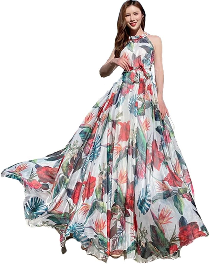 Women Boho Floral Print Cold The Shoulder Maxi Long Dress Loose Chiffon Longa Boho Robes - Image 11