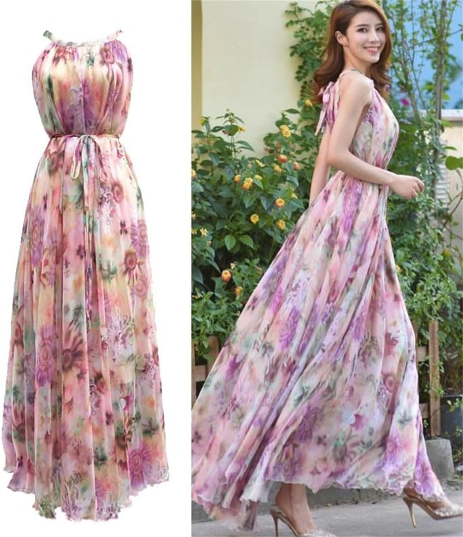 Women Boho Floral Print Cold The Shoulder Maxi Long Dress Loose Chiffon Longa Boho Robes - Image 3
