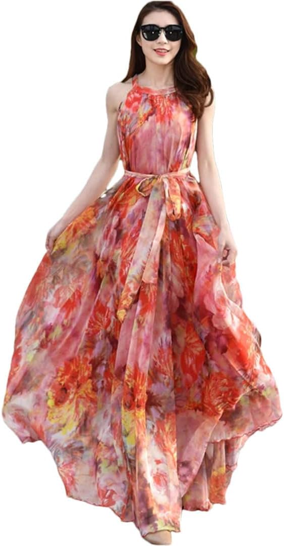 Women Boho Floral Print Cold The Shoulder Maxi Long Dress Loose Chiffon Longa Boho Robes - Image 10