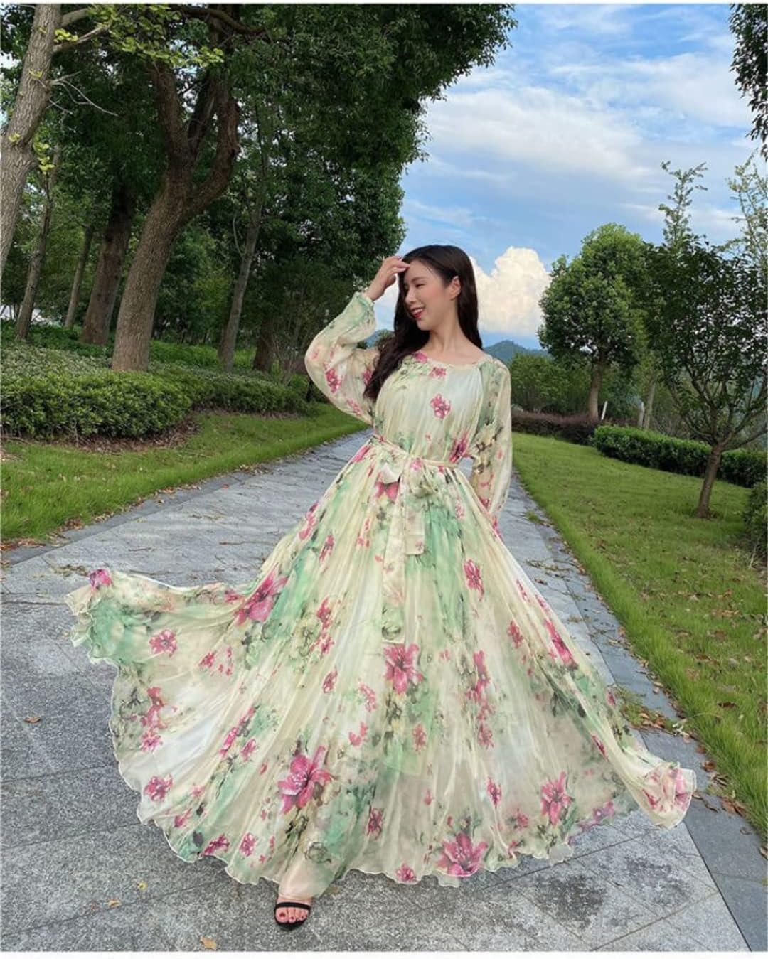 Women's Bohemian Floral Beach Casual Loose Lightweight Chiffon Maxi Dress - Image 2