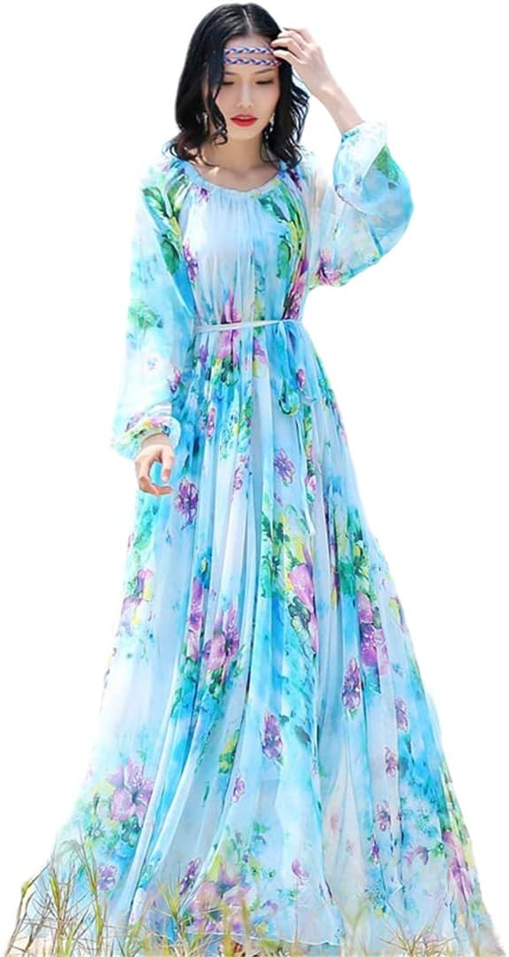 Women's Bohemian Floral Beach Casual Loose Lightweight Chiffon Maxi Dress