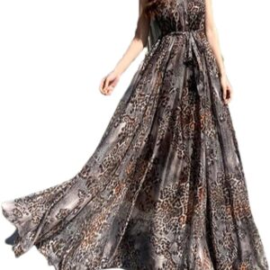 Women's Chiffon Leopard Print Maxi Long Bohemian Flowy Beach Dress