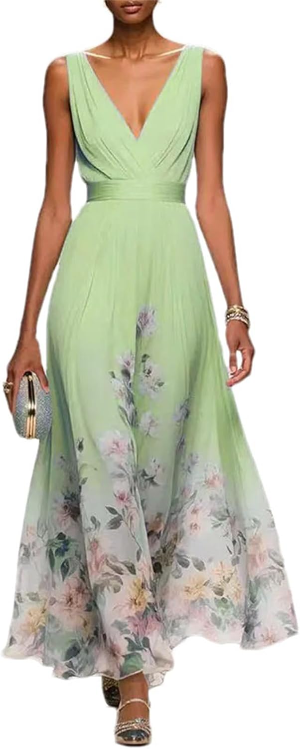 Women's Floral Chiffon Maxi Dress - Summer Elegant V-Neck A-Line Dress with High Waist - Image 8