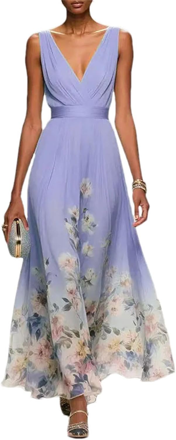 Women's Floral Chiffon Maxi Dress - Summer Elegant V-Neck A-Line Dress with High Waist