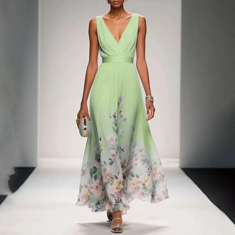 Women's Floral Chiffon Maxi Dress - Summer Elegant V-Neck A-Line Dress with High Waist - Image 3