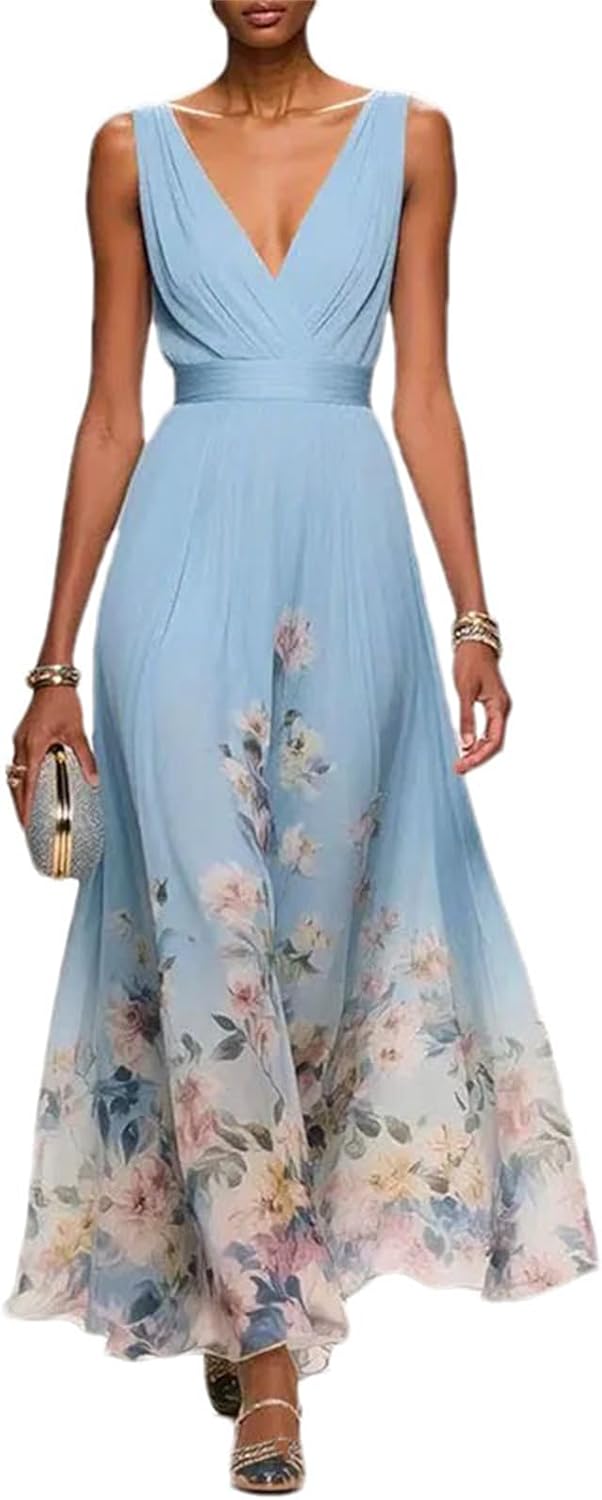 Women's Floral Chiffon Maxi Dress - Summer Elegant V-Neck A-Line Dress with High Waist - Image 6