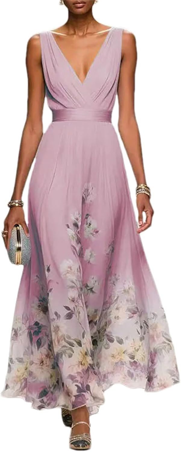 Women's Floral Chiffon Maxi Dress - Summer Elegant V-Neck A-Line Dress with High Waist - Image 7