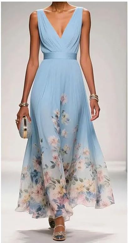 Women's Floral Chiffon Maxi Dress - Summer Elegant V-Neck A-Line Dress with High Waist - Image 4