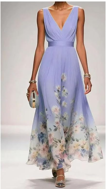 Women's Floral Chiffon Maxi Dress - Summer Elegant V-Neck A-Line Dress with High Waist - Image 5