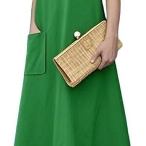 Women's Green Cotton Maxi Dress Sleeveless Crew Neck Casual Loose Summer Beach Dresses with Pockets