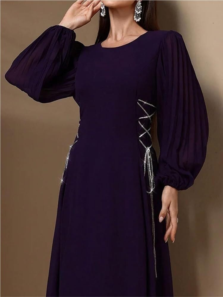 Women's Solid Color A-Line Party Dress Long Sleeve O-Neck Drawstring Loose Fit Casual Maxi Dresses - Image 5