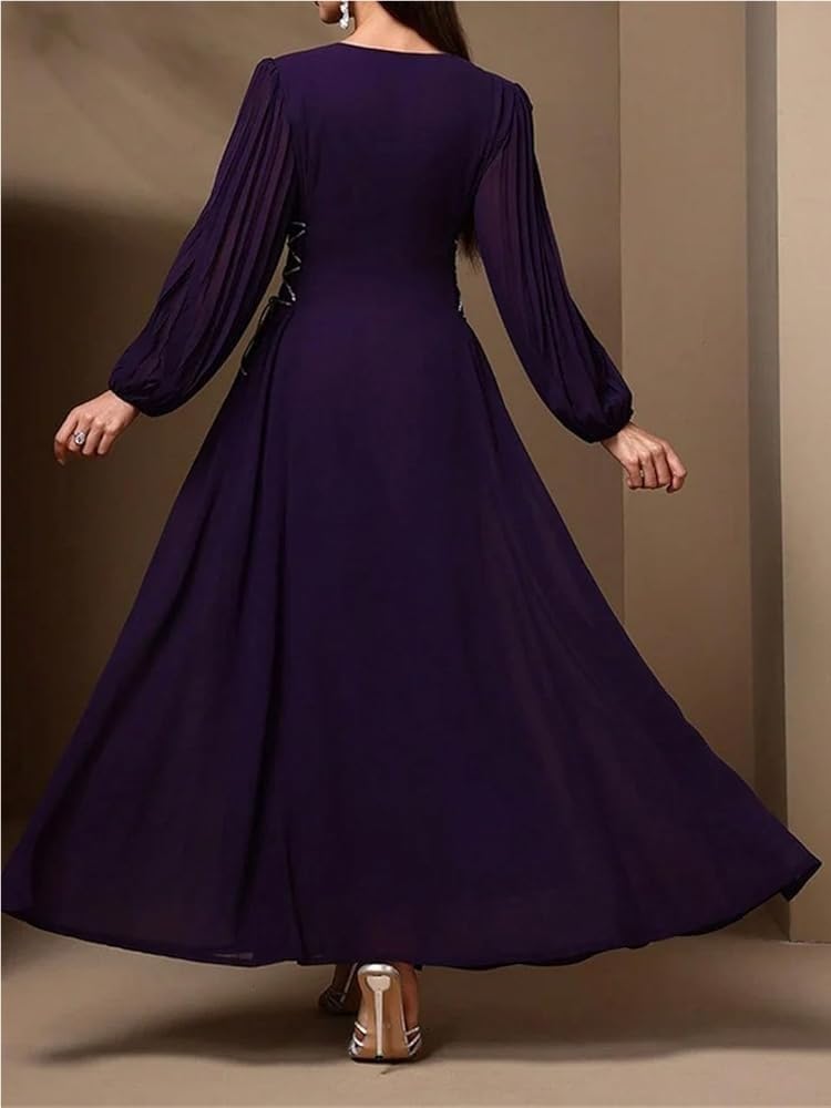 Women's Solid Color A-Line Party Dress Long Sleeve O-Neck Drawstring Loose Fit Casual Maxi Dresses - Image 4