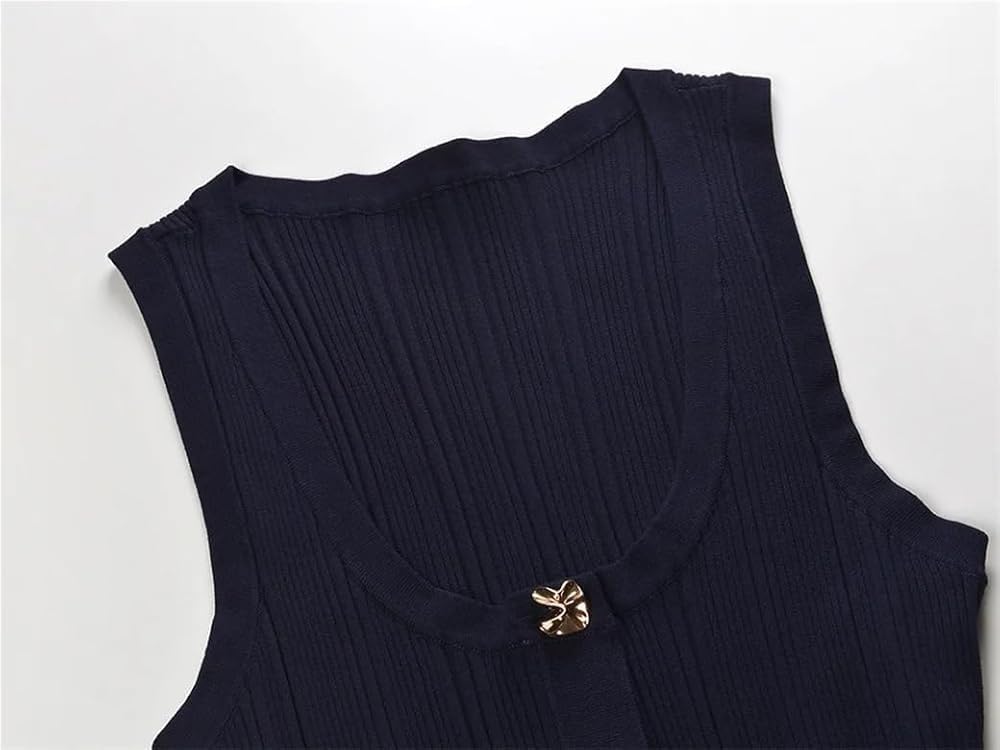 Women's Solid Color Deep V-Neck Sleeveless Knit Maxi Dress Single-Breasted Flared Hem Casual Dresses - Image 3