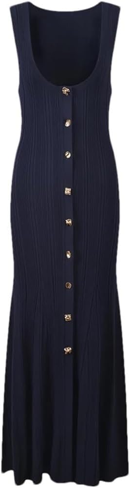 Women's Solid Color Deep V-Neck Sleeveless Knit Maxi Dress Single-Breasted Flared Hem Casual Dresses