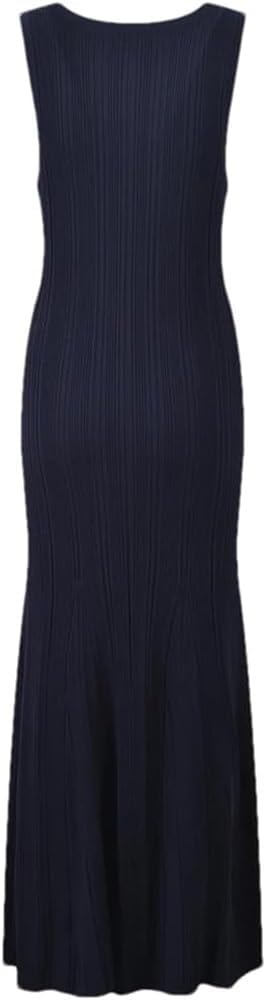 Women's Solid Color Deep V-Neck Sleeveless Knit Maxi Dress Single-Breasted Flared Hem Casual Dresses - Image 2