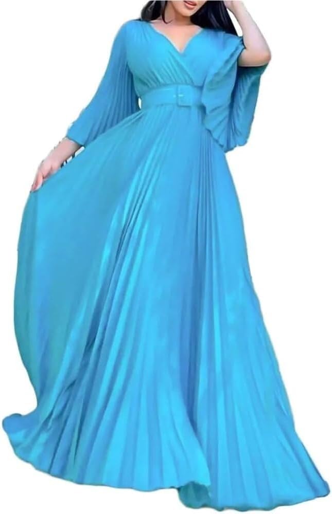 Women's Solid Color Pleated Wrap Dress Long Sleeve V-Neck Fashion Casual Maxi Dresses with Belt - Image 2