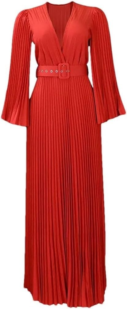 Women's Solid Color Pleated Wrap Dress Long Sleeve V-Neck Fashion Casual Maxi Dresses with Belt - Image 3