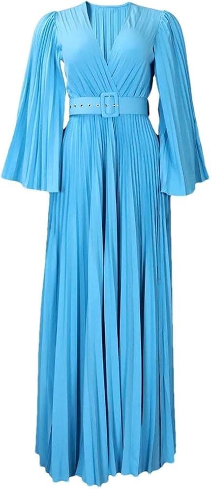 Women's Solid Color Pleated Wrap Dress Long Sleeve V-Neck Fashion Casual Maxi Dresses with Belt