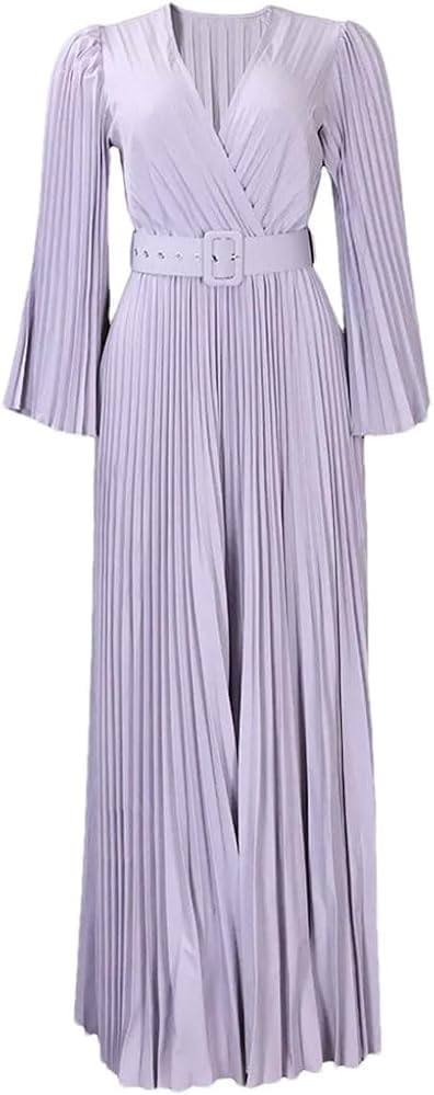 Women's Solid Color Pleated Wrap Dress Long Sleeve V-Neck Fashion Casual Maxi Dresses with Belt - Image 7