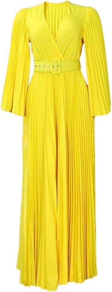 Women's Solid Color Pleated Wrap Dress Long Sleeve V-Neck Fashion Casual Maxi Dresses with Belt - Image 5