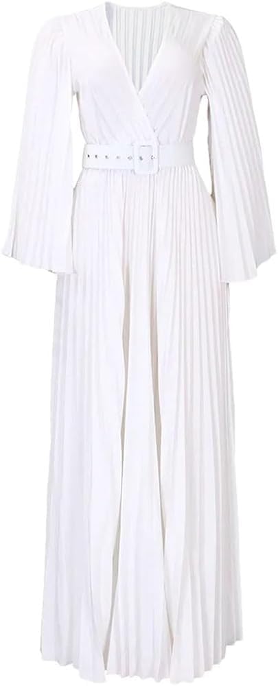 Women's Solid Color Pleated Wrap Dress Long Sleeve V-Neck Fashion Casual Maxi Dresses with Belt - Image 4