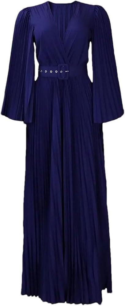 Women's Solid Color Pleated Wrap Dress Long Sleeve V-Neck Fashion Casual Maxi Dresses with Belt - Image 6