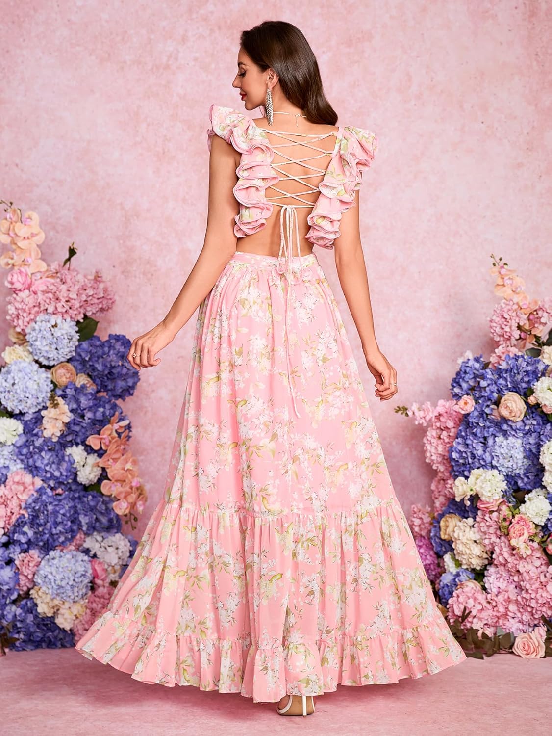 Women's Summer Floral Print Straps Sleeveless V Neck Criss Cross Backless Chiffon Beach Boho Party Long Maxi Dress - Image 6