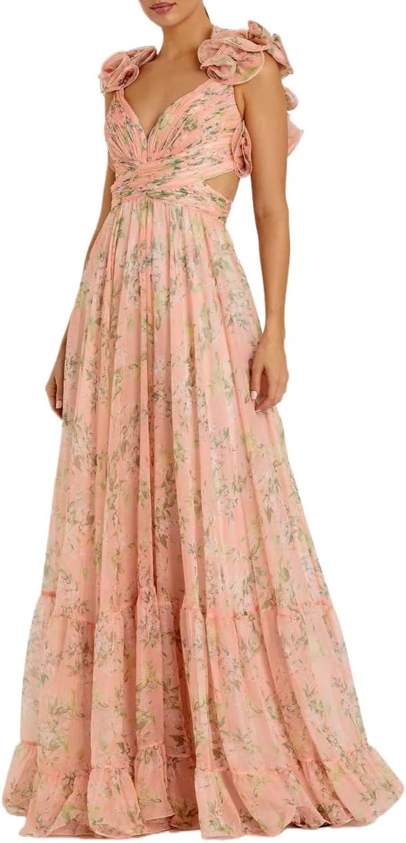 Women's Summer Floral Print Straps Sleeveless V Neck Criss Cross Backless Chiffon Beach Boho Party Long Maxi Dress
