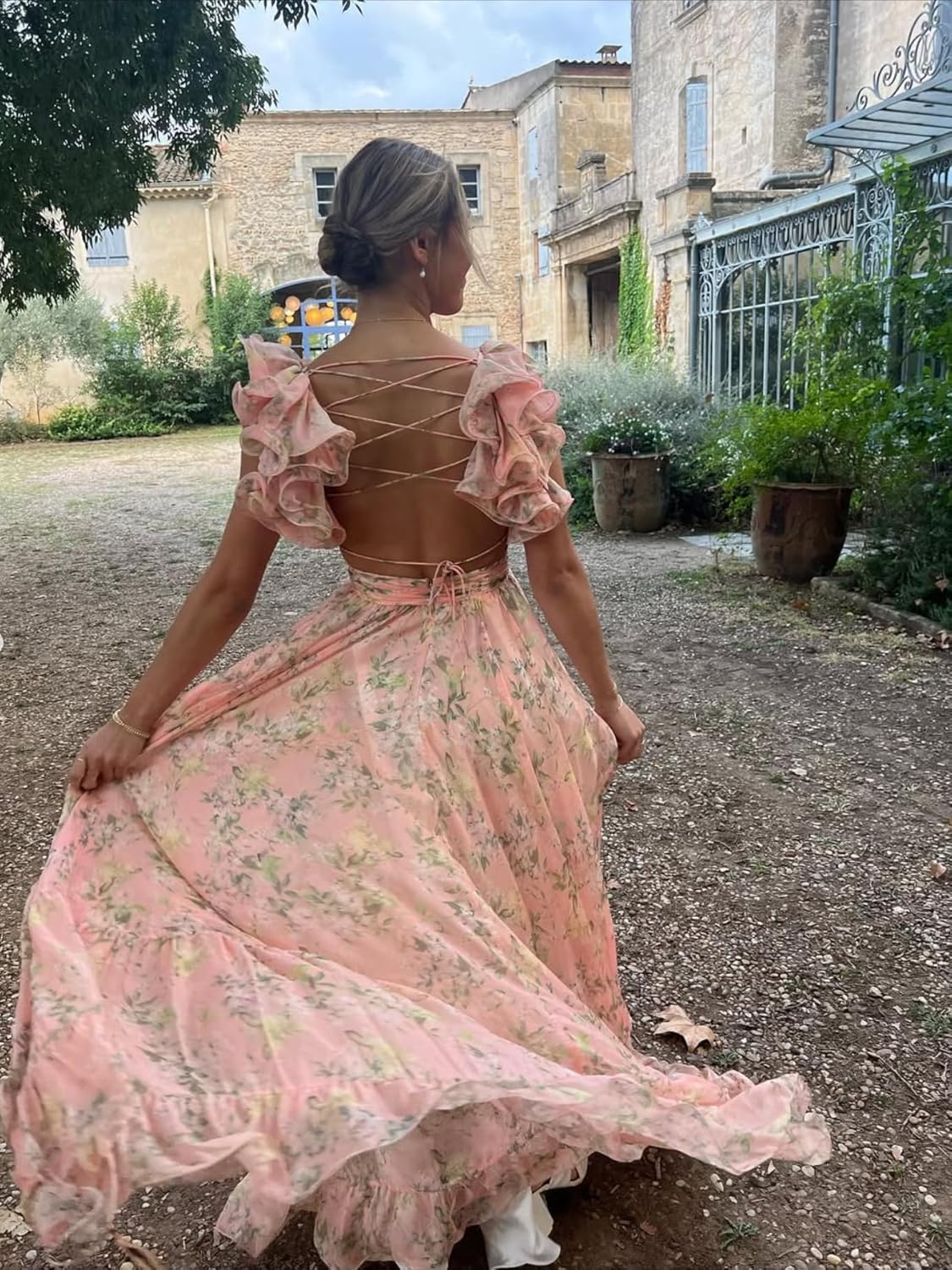 Women's Summer Floral Print Straps Sleeveless V Neck Criss Cross Backless Chiffon Beach Boho Party Long Maxi Dress - Image 7