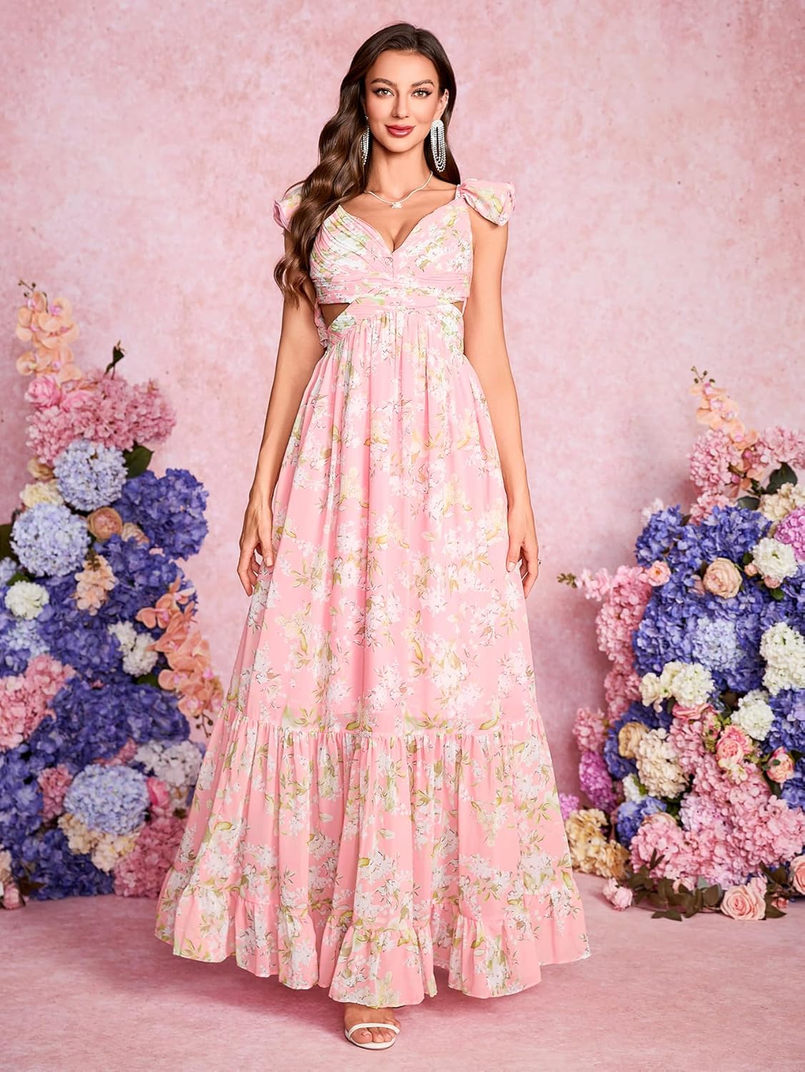 Women's Summer Floral Print Straps Sleeveless V Neck Criss Cross Backless Chiffon Beach Boho Party Long Maxi Dress - Image 2