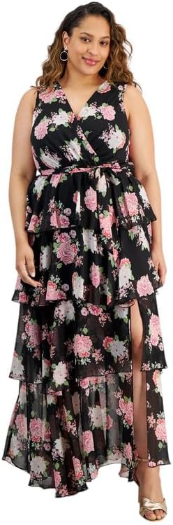 Women's Trendy Plus Size Belted Tiered Maxi Dress (Black/Pink, 2X)