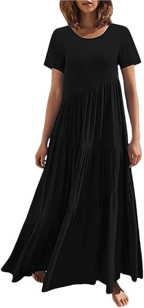 Women\u2019S Boho Loose Long Dress Short Sleeve Round Neck Asymmetric Swing Tiered Beach Maxi Casual Dresses for Travel - Image 4