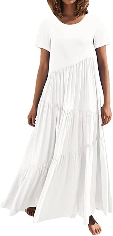 Women\u2019S Boho Loose Long Dress Short Sleeve Round Neck Asymmetric Swing Tiered Beach Maxi Casual Dresses for Travel