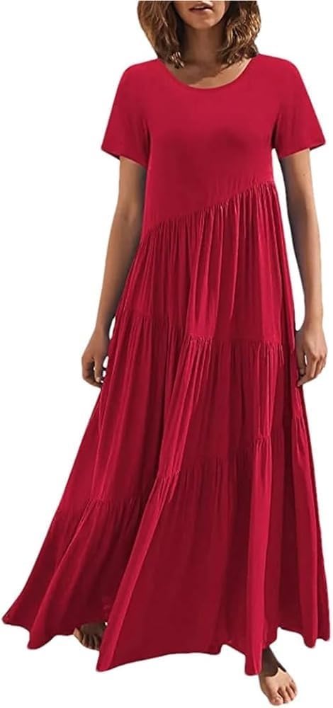 Women\u2019S Boho Loose Long Dress Short Sleeve Round Neck Asymmetric Swing Tiered Beach Maxi Casual Dresses for Travel - Image 3